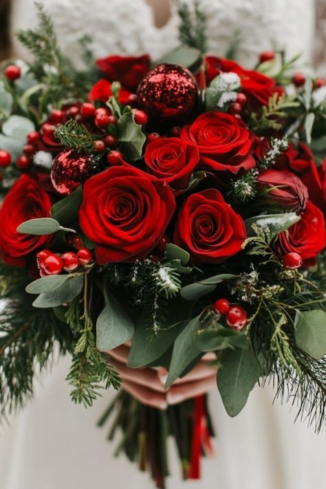 26 Magical Christmas Wedding Ideas - Yeah Weddings Red And White Christmas Wedding, Romantic Christmas Wedding, Christmas Bouquet Wedding, Christmas Wedding Photos, December Wedding Flowers, Red Rose Wedding Theme, Christmas Wedding Bouquet, Poinsettia Wedding, Winter Wedding Florals