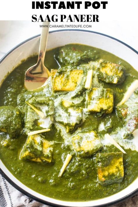 Saag paneer is traditionally made with cubes of paneer cooked in a sauce made of green leafy veggies. A delicious, comforting, vegetarian curry that is better than the restaurant version! #spinach #paneer #saag #instantpotpaneer #instantpotindian #saagpaneer Paneer Saag, Vegan Korma, Spinach Paneer, Spinach Puree, Creamy Curry, Saag Paneer, Indian Dinner, Paneer Recipe, Vegetarian Curry