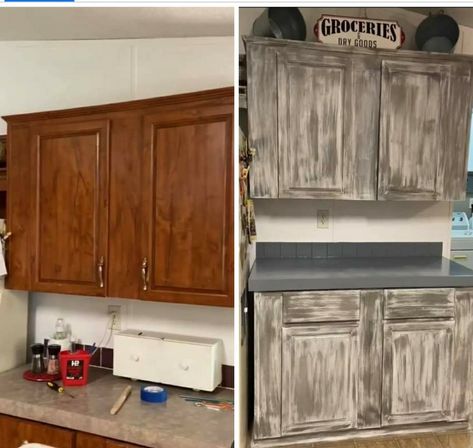 Waynes Coating, Distressed Kitchen Cabinets, Distressed Kitchen, Farmhouse Cabinets, Farmhouse Kitchen Remodel, Diy Kitchen Remodel, Cabinet Color, Remodeling Mobile Homes, Trailer Remodel