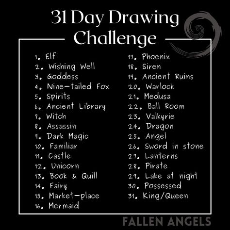 Inktober prompts | fantasy themed art prompt list Inktober Character Prompts, Art Prompts List, 31 Day Art Prompts, Art Concepts Ideas List, Oc Inktober Prompts, Art Prompt Challenge, Art Prompts Characters, Sketchbook List Ideas, Art Promt List