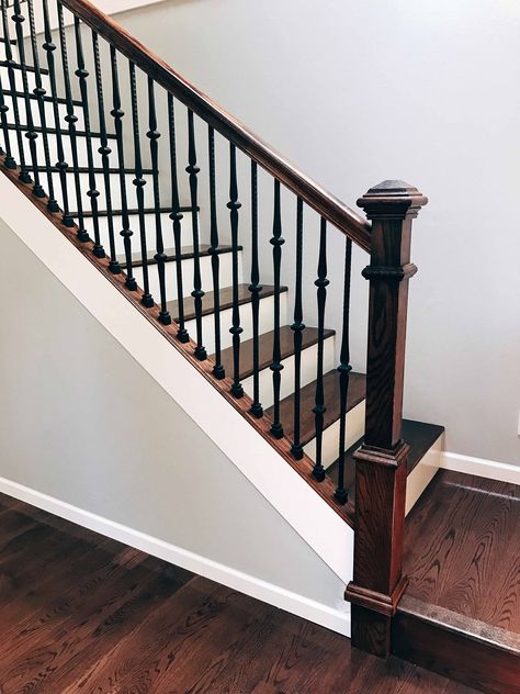 stairway remodel | Project # 258 - Gothic Iron Balusters & Shoes - StairSupplies™ Banister Remodel, Stair Railing Makeover, Wrought Iron Stair Railing, Wrought Iron Staircase, Stair Balusters, Staircase Railing Design, Diy Staircase, Iron Stair Railing, Iron Staircase