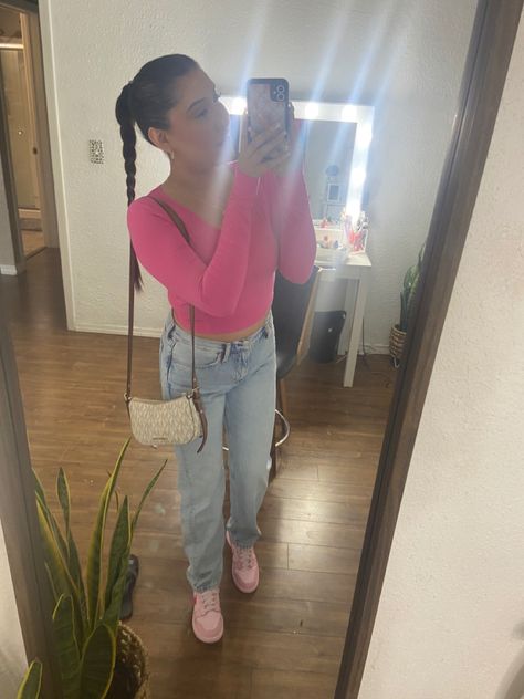 pink high school college cute aesthetic outfit inspo pink triple pink dunks outfit pink aesthetic fit inspo braid hair mk  cross body bag outfit basic cute school outfit trendy school pink outfit fit