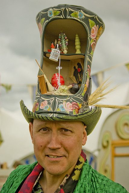 Simon Costin wearing hat designed by Stephen Jones for the Museum of British Folklore | The House of Beccaria# British Folklore, Simchat Torah, Crazy Hat, Dinosaur Hat, Mad Hat, Stephen Jones, Crazy Hat Day, Diy Kostüm, Easter Hats