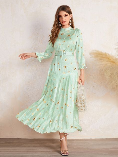 Mint Green Elegant  Three Quarter Length Sleeve Polyester Floral,Polka Dot A Line Embellished Non-Stretch Spring/Fall Women Dresses Arabian Clothing, Marled Dress, Elegant White Dress, Elegant Black Dress, Dress With Shawl, Lace Trim Dress, Bodycon Dress With Sleeves, Elegant Pattern, Neck Bodycon Dress