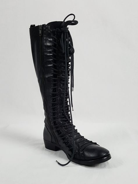 vaniitas vintage Ann Demeulemeester black flat triple lace boots fall 2008 202239 Lace Up Knee Boots, Ann Demeulemeester Shoes, Aweng Chuol, Ann Demeulemeester Boots, Lace Combat Boots, Black Tall Boots, 90s Boots, Tall Lace Up Boots, Black Flat Boots