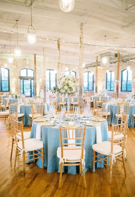 Sky blue tablecloths, gold chiavari chairs, classic décor meets industrial setting // Aaron and Jillian Photography Sky Blue And Gold Wedding, Blue And Gold Wedding Decor, Cinderella Quinceanera Themes, Cinderella Sweet 16, Cinderella Quinceanera, Gown Neckline, Gold Wedding Decor, Quince Decor, Blue And Gold Wedding