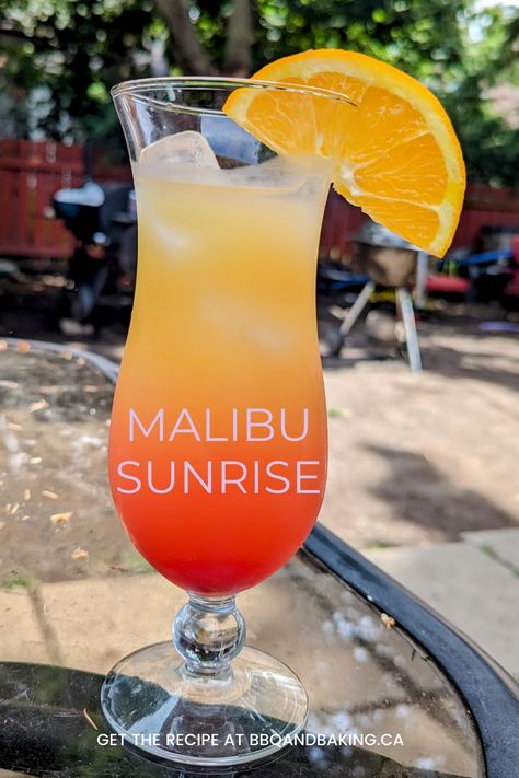 Transport yourself to a tropical paradise with our stunning Malibu Sunrise cocktail recipe. Malibu Sunrise Cocktail, Malibu Sunrise Recipe, Tropical Sunrise Drink, Malibu Cocktail, Light Cocktail Recipes, Sunrise Drink, Malibu Sunrise, Malibu Rum Drinks, Warm Drinks Recipes