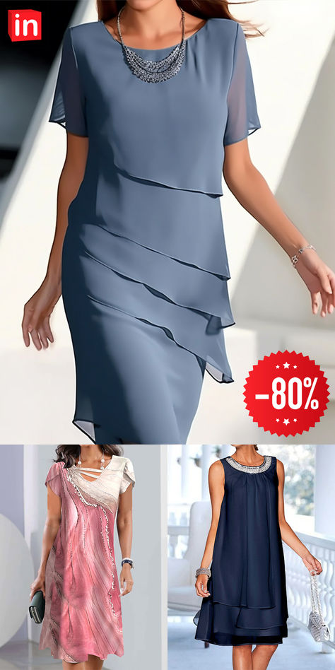 Women's Work Dress Sheath Dress Chiffon Dress Fashion Midi Dress Layered Crew Neck Short Sleeve Plain Loose Fit Blue Summer Spring S M L XL XXL Cocktail Dress Wedding Guest, Chiffon Summer Dress, Hiking Quotes, Casual Chique, Work Dresses For Women, Chiffon Dresses, Fall Hiking, Beautiful Dresses For Women, Backpacking Gear