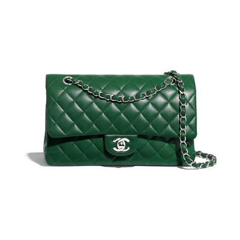 Lambskin & Silver-Tone Metal Green Classic Handbag | CHANEL Green Chanel Bag, Green Chanel, Tas Bahu, Cheap Purses, Fall Handbags, Popular Handbags, Cute Handbags, Handbags Affordable, Classic Handbags