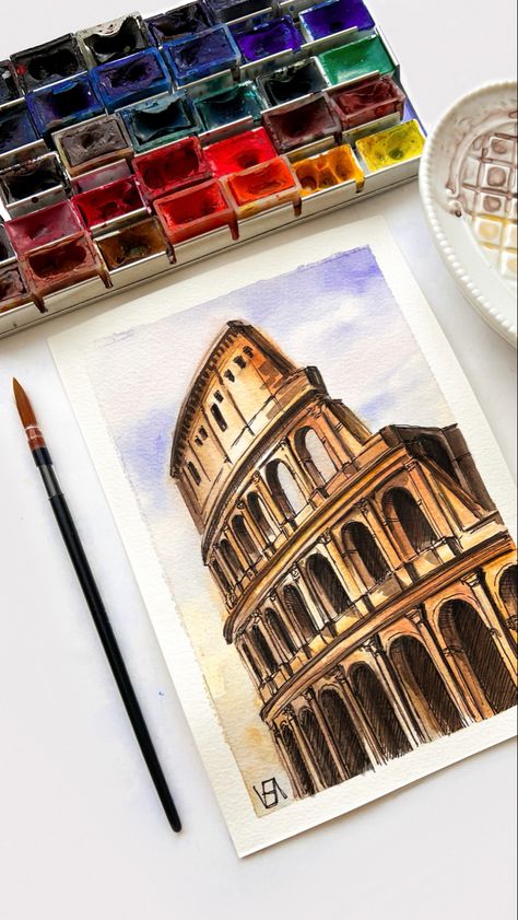 Monuments Watercolor Painting, Italy Architecture Drawing, Italy Painting Aesthetic, Drawing Ideas Aesthetic Colorful, Italy Aesthetic Drawing, Watercolor Monuments, Monuments Painting, Italy Watercolor Paintings, Watercolor Paintings Aesthetic