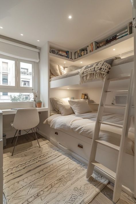 29 Tiny Bedroom Ideas to Maximize Your Space with Style 1 Unique Shared Bedroom Ideas, Bunker Bed Ideas, Tiny Room Ideas Space Saving Bedrooms, Twins Bedroom Ideas, Small Bedroom For Two Kids, Tiny Bedroom Storage Ideas, Bunk Beds With Desk, Tiny Bedroom Ideas, Tiny Guest Room