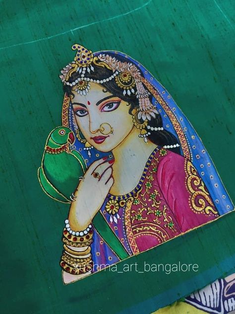 Thanjavur Painting On Fabric, Tanjore Painting On Dresses, Tanjore Fabric Painting, Tanjore Painting On Blouses, Tanjore Painting On Fabric, Painting Blouses, Blouse Painting, Rajasthani Painting, Saree Painting Designs