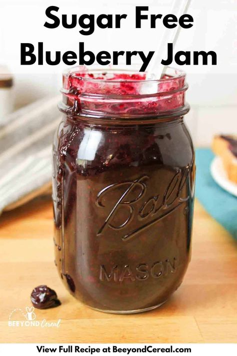 With this sugar-free blueberry jam recipe, no pectin is needed. You'll make one jar's worth of delicious fridge-stable jam and only need 4 ingredients to do it. You'll enjoy this healthy fruit spread with your favorite toast or bagels for breakfast. Healthy Blueberry Jam, Blueberry Jam Without Pectin, Sugar Free Jam Recipes For Canning, Blueberry Jam No Pectin, Sugar Free Blueberry Jam, Sugar Free Freezer Jam, Strawberry Blueberry Jam, Berry Jam Recipe, Sugar Free Jam Recipes