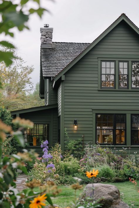 Earthy Houses Exterior, Forest Green House, Green Home Exterior, Green House Exterior, Cottagecore Life, Oak House, Home Exteriors, Wainscoting Panels, Cottage Exterior