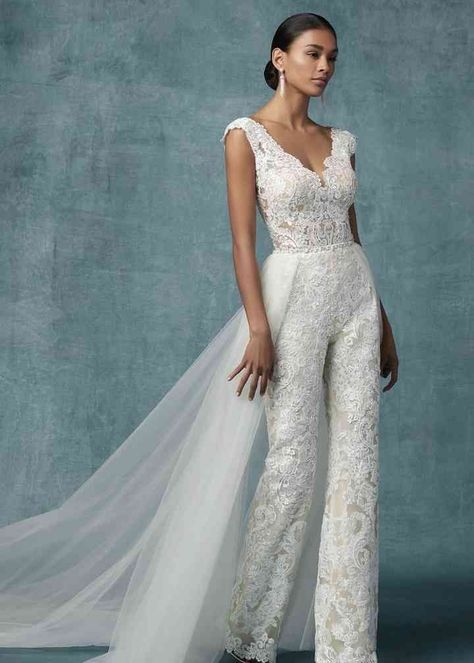 Where can I get a jump on this beautiful jumpsuit?!?! Ceremony or Afterparty? Jumpsuit Wedding Dress, Wedding Dress Jumpsuit, White Wedding Gown, Wedding Pants, Graduation Party Dresses, Maggie Sottero Wedding Dresses, Gaun Fashion, Detachable Train, Women Bride