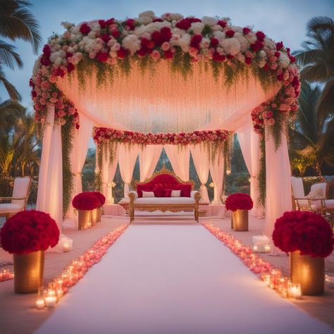 Wedding Decoration Red And White, Reception Indian Decor, Red And White Mandap Decor, Red And White Wedding Mandap, Shaadi Mandap Decoration, Red Stage Decoration, Red Mandap Decor, Shadi Mandap Decoration, Mandap Designs Indian