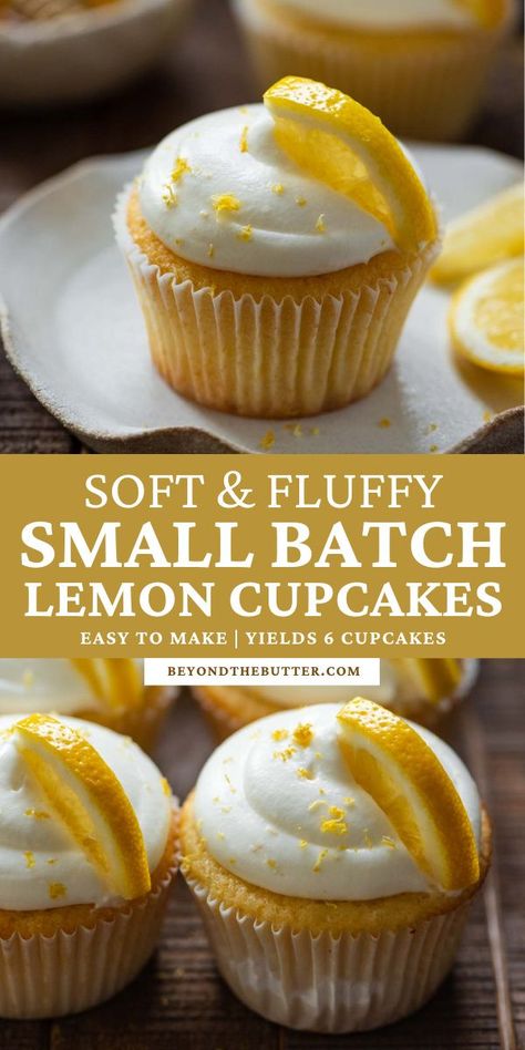 This easy-to-make Small Batch Lemon Cupcakes recipe gives you 6 soft and fluffy cupcakes topped with a whipped lemon cream cheese frosting. Flavored with fresh lemon zest, lemon juice, and a little honey, these cupcakes are incredibly delicious! Recipe on BeyondtheButter.com | #lemoncupcakes #smallbatchlemoncupcakes #beyondthebutter #cupcakes #smallbatchdesserts #lemondesserts Small Batch Cupcakes, Gooey Desserts, Lemon Blueberry Cupcakes, Lemon Cupcake Recipe, Lemon Cupcake, Lemon Treats, Cupcakes Fondant, Small Batch Baking, Lemon Cream Cheese Frosting