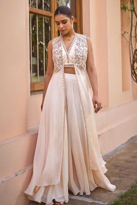 Buy White Blouse Satin Embroidery Marodi Open Zuri Cape Sharara Set For Women by Isha Gupta Tayal Online at Aza Fashions. Shurgs Designs Dress, Shurgs Designs, Sharara With Shrug, Punjabi Clothes, Cape Sharara, Shrug Design, Isha Gupta, Dotti Dresses, Asian Couture