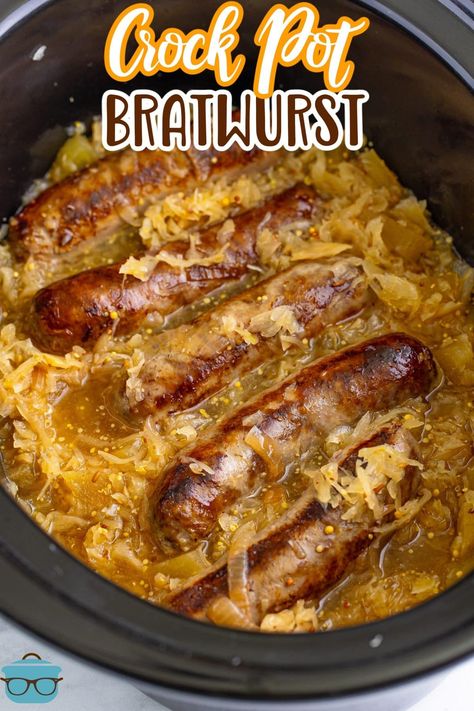 Slow Cooker Brats (With Sauerkraut) - The Country Cook Gameday Crockpot Recipes, Bratwurst Recipes Crockpot, Slow Cooker Brats, Brats In Crockpot, Sauerkraut And Apples, Brats And Sauerkraut, Bratwurst Recipe, Bologna Recipes, Brats Recipes