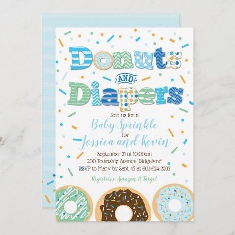 $2.66 | Donuts and Diapers Baby Boy Sprinkle or Shower Invitation #donutsanddiapers #donutsdiapersbabyshowerinvite #donutsanddiapersinvitation #babyboysprinkleinvitation #babysprinkleinvitation #donutthemebabyshower #donutbabyshowerinvitation #donutbabyshowerinvite Donuts And Diapers, Diaper Shower Invitations, Minnie Baby Shower, Baby Sprinkle Ideas, Baby Boy Sprinkle, Donut Themed Birthday Party, Sprinkle Ideas, Donut Gifts, Baby Boy Shower Invitations