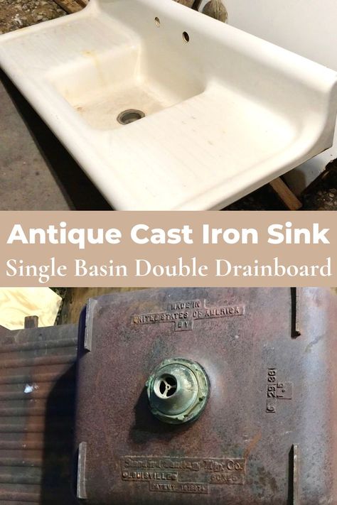 antique cast iron sink single basin double drainboard information stamps on bottom of sink Cast Iron Kitchen Sink With Drainboard, Old Sink Ideas, Victorian Farmhouse Interior, Cast Iron Farmhouse Sink, Vintage Kitchen Sink, House Framing, Cast Iron Kitchen Sinks, Cast Iron Sink, Fixer Upper House