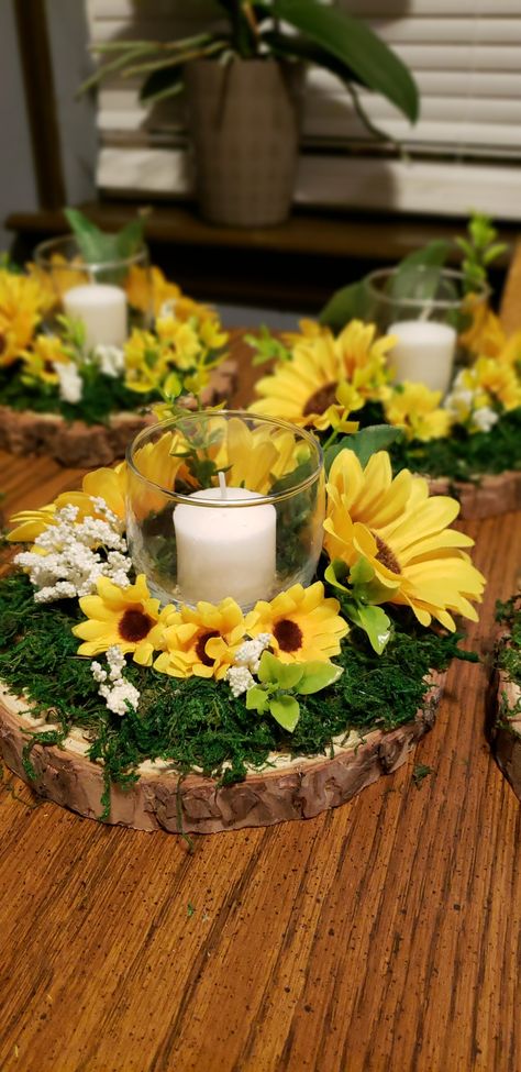 Rustic Sunflower Wedding Decor Diy, Rustic Sunflower Bridal Shower Decor, Sunflower Candle Centerpieces, Sunflower And Bee Table Decor, Sunflower Tea Party Table Settings, Sunflower Anniversary Party, Sunflower Quinceanera Theme Table, Sunflower Party Decorations Diy, Sun Flower Centerpieces