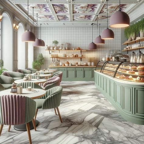 Cafe Feature Wall Ideas, Pink Cafe Design Ideas, Gelato Cafe Design, Simple Cafe Design, Modern Cafe Interior Design, Green Coffee Shop, Pastry Shop Interior, Bakery Interior Design, Art Deco Cafe