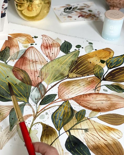 Inga Buive, Inga Buividavice, Art Challenge Ideas, Colourful Leaves, Watercolour Florals, Intuitive Artists, Nature Sketch, Watercolour Inspiration, Water Colours