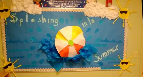 Splashing into summer bulletin board! Cafeteria Bulletin Boards, Summer Bulletin Board, Summer Bulletin Boards, Winter Bulletin, Winter Bulletin Boards, Preschool Bulletin, Preschool Bulletin Boards, Summer Crafts For Kids, Preschool Ideas