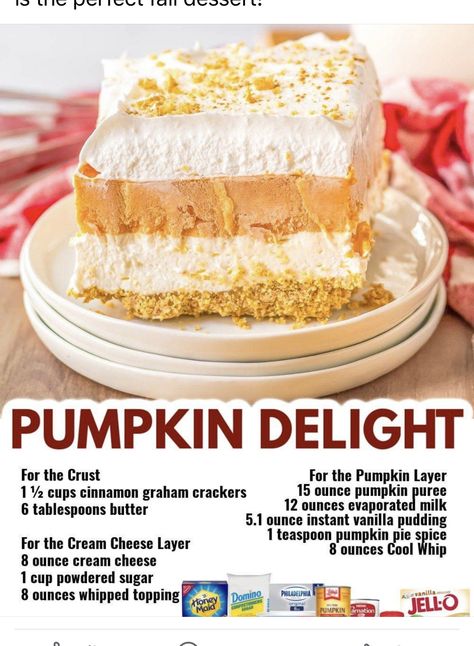 Fall Party Dessert, Pumpkin Lush, Thanksgiving Dessert Recipes, Layered Dessert, Pumpkin Delight, Harvest Pumpkin, Thanksgiving Food Desserts, Pumpkin Recipes Dessert, Pumpkin Pie Recipes