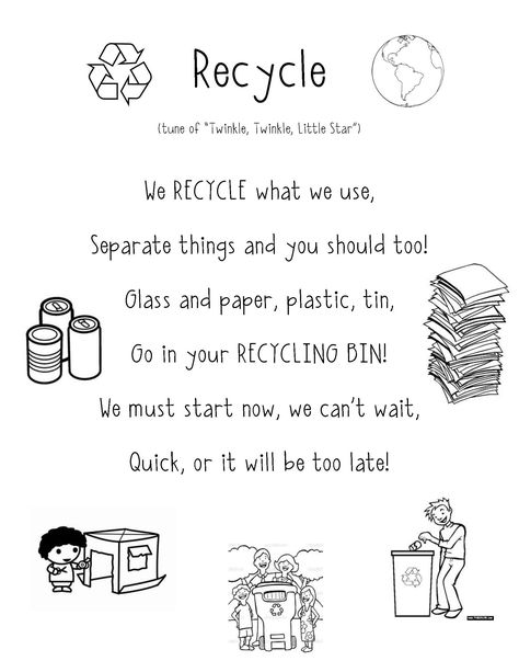 Recycle Poem Super cute for preschool and teaching students about Earth Day! I just added a nice font and clip art. Enjoy!! Earth Day Poems, Recycle Preschool, Recycling Lessons, Recycling Activities, Earth Week, Earth Day Crafts, Earth Day Activities, Creative Curriculum, Preschool Songs