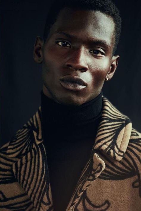 Total no-nonsense look. Love the patterning on the coat, and yes - the turtleneck is alive and well. Some cat named Adonis Bosso by Nacho Alegre. Adonis Bosso, Black Male Models, Black Man, Male Portrait, The Villain, Male Face, Black Is Beautiful, Male Models, A Black