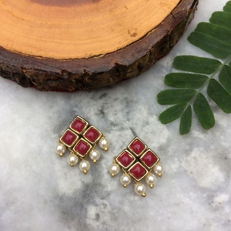 Red Resin Stone and Pearl Stud Earrings - Art Jewelry Women Accessories | World Art Community Daily Wear Earrings, Kite Earrings, Small Earrings Gold, Gold Earrings Indian, Marsala Wine, Gold Earrings Models, Fancy Jewelry Necklace, Resin Stone, Gold Jewelry Simple Necklace