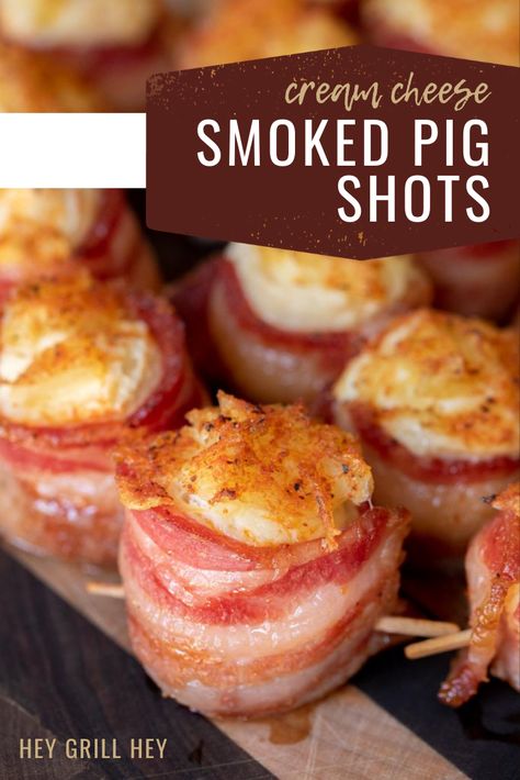 Best Bbq Appetizers, Pellet Smoker Appetizer Recipes, Simple Summer Appetizers, Appetizers On The Smoker, Smoker Appetizers Recipes, Bacon Shots, Traeger Appetizers, Pig Shots Recipe, Grill Appetizers