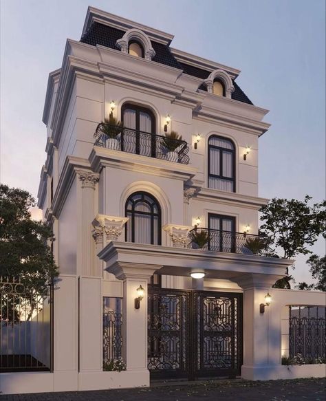 Classic Exterior House Designs, Neo Classical Homes Exterior, Paris House Exterior, Classic Facade Architecture, Neo Classic Exterior Design, Modern Classic House Design Exterior, Neo Classic Villa Exterior, Neoclassic Exterior, Neoclassical Exterior