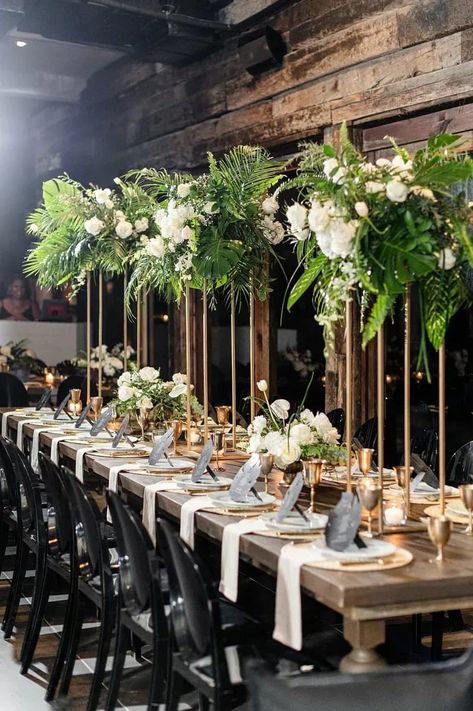 Tall Centerpieces With Tropical Leaves at Casa Malca in Tulum, Mexico Glam Beach Wedding, Roc Nation Brunch, Wedding Tulum, Blush Color Palette, Roc Nation, Tropical Wedding Theme, Tropical Glam, Jumping The Broom, Blush Wedding Dress