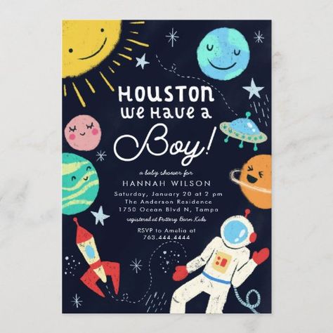 Outer Space Baby Shower Houston We Have A Boy Invitation Outer Space Baby Shower, Astronaut Baby, Moon Baby Shower, Space Baby, Baby Shower Invitaciones, Boy Baby Shower Themes, Baby Shower Invitations For Boys, Baby Shower Invites For Girl, Space Theme