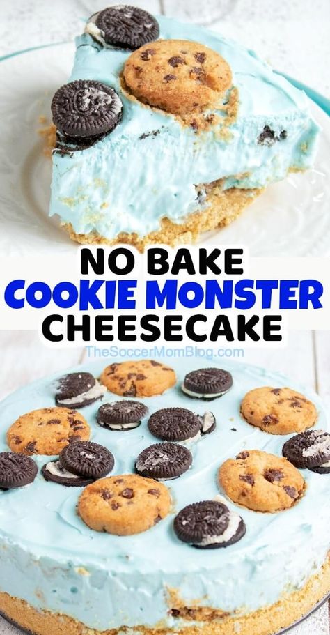 If you're crazy about cookies and cream, then you'll LOVE this No Bake Cookie Monster Cheesecake! No Bake Cookie Monster Cheesecake, Cookie Monster Cheesecake Recipe, Cookie Monster Recipes, Easy No Bake Cherry Cheesecake, Cookie Monster Cheesecake, Monster Cheesecake, Fun Cheesecake, Crazy Desserts, Desserts Cheesecake