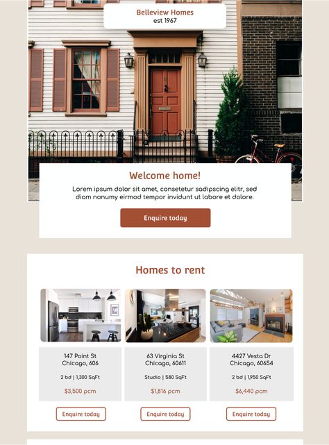 HTML email template for real estate property listings. Showcase your latest listings with this sophisticated table layout - exclusively available in Mail Designer 365. Email Template Mailchimp, Html Email Templates, Summer Promotion, Email Template Design, Table Layout, Email Marketing Template, Newsletter Template, Email Template, Html Email