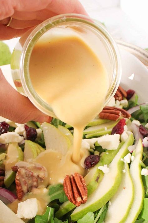 Sherry Shallot Dressing (Easy Salad Vinaigrette) - The Balanced Nutritionist Dressing For Arugula Salad, Sherry Shallot Dressing, Arugula Pear Salad, Simple Salad Dressing, Shallot Dressing, Salad Vinaigrette, Balsamic Brussel Sprouts, Pecan Topping, Balsamic Vinaigrette Dressing