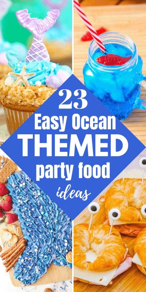 Ocean Themed Party Food Ideas for a Birthday: Make a splash with these ocean-themed food ideas perfect for a birthday party. From creative snacks to fun fruit displays, your kids will love diving into these sea-inspired treats. Ocean Themed Recipes, Snacks For Mermaid Birthday Party, Beach Theme Finger Foods, Mermaid Themed Party Snacks, Mermaid Themed Appetizers, Ocean Theme Drinks, Food Ideas For Under The Sea Party, Sea Themed Food Ideas, Mermaid Party Foods