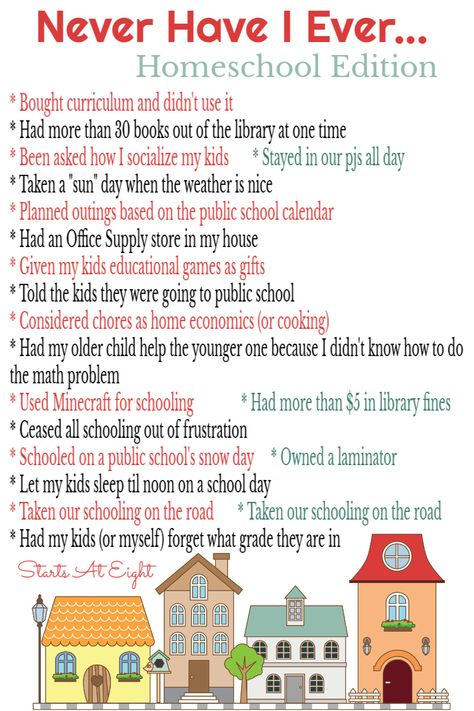 Never Have I Ever Homeschool Edition from Starts At Eight is a funny look at some of the things we do (or don't do) during the course of our homeschooling years. Homeschool Writing Prompts, Homeschool Humor, Homeschool High School Curriculum, Kindergarten Homeschool Curriculum, Homeschool Quotes, Homeschool Middle School, Homeschool Preschool Curriculum, Homeschool Tips, Homeschool Elementary