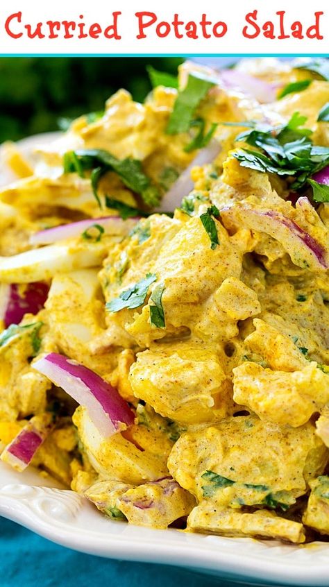 Creamy Curried Potato Salad with red onion and cilantro. Curry Potato Salad, Curried Potato Salad, Potato Salad Creamy, Salad With Red Onion, Salad Cobb, Potatoe Salad, Spicy Southern Kitchen, Grilled Chicken Kabobs, Creamy Potato Salad