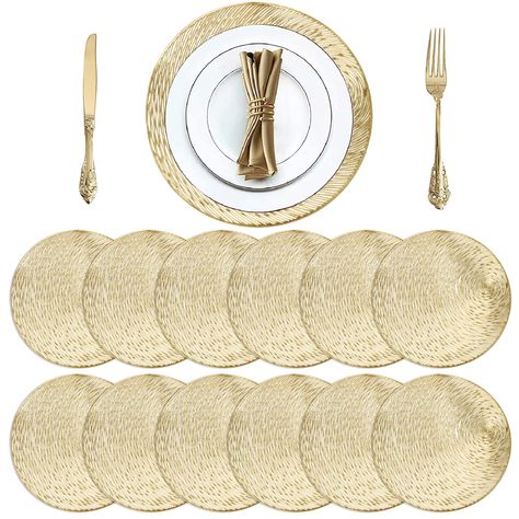 PRICES MAY VARY. Include 12 pack gold round metallic vinyl placemats, made of high quality PVC, well made, very durable. Easy clean with a damp cloth, dry very quickly, then look perfectly new again. The diameter measures 15'', fits most dishes size, suitable for daily use, making your home a warmer and restful atmosphere. Stylish sky design placemat gives your dinner table a special touch, ideal for kitchen table, dining hall, entryway desk, dinner table or parties. With subtle gold color and a Placemats For Wedding Table, Dining Table Silver Plates Setting Thanksgiving, Center Piece For Dining Table Tables Using Gold Tray, Table Settings With White Plate And Gold Silverware, White And Gold Bridal Shower Table, Gold Wedding Silverware Table Setting, Gold Table Mat, Round Gold Placemats Table Setting, Dining Table Centerpiece Everyday Simple Formal