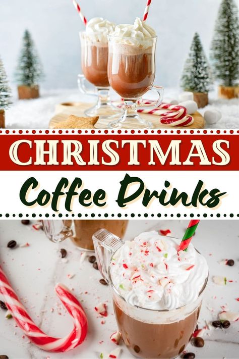 These Christmas coffee drinks will make your days merry and bright! Whether spiced with cinnamon or spiked with booze, they'll get you in the holiday mood. Christmas Alcoholic Coffee Drinks, Christmas Espresso Drinks, Christmas Coffee Cocktail, Christmas Coffee Punch, Christmas Coffee Ideas, Christmas Coffee Recipe, Christmas Hot Drinks, Christmas Coffee Drinks, Hot Christmas Drinks