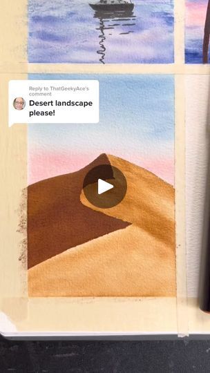 Replying to @ThatGeekyAce desert landscape for beginners!!! #watercolorart #watercolorpainting #watercolortutorial #desertpainting #arttutorial #artinspo #art #artist #watercolor # | Replying to @ThatGeekyAce desert landscape for beginners!!! #watercolorart #watercolorpainting #watercolortutorial #desertpainting #arttutorial #artinspo... | By Hannah pickerill | Let me teach you how to paint
this 10 minute desert watercolor landscape. Start by
sketching out a hill shape about halfway up your paper and
then draw a wavy line going down the center of that hill.
Start by putting down a layer of water in the sky section.
Avoid painting over the hill and then choose your sky
colors. I'm starting with a pink and putting that at the
horizon line to add a little bit of a glow. I'm slowly
building up Landscape For Beginners, Desert Watercolor, Horizon Line, Watercolor Brush Pen, Artist Watercolor, Desert Painting, Over The Hill, Sky Color, Desert Landscape