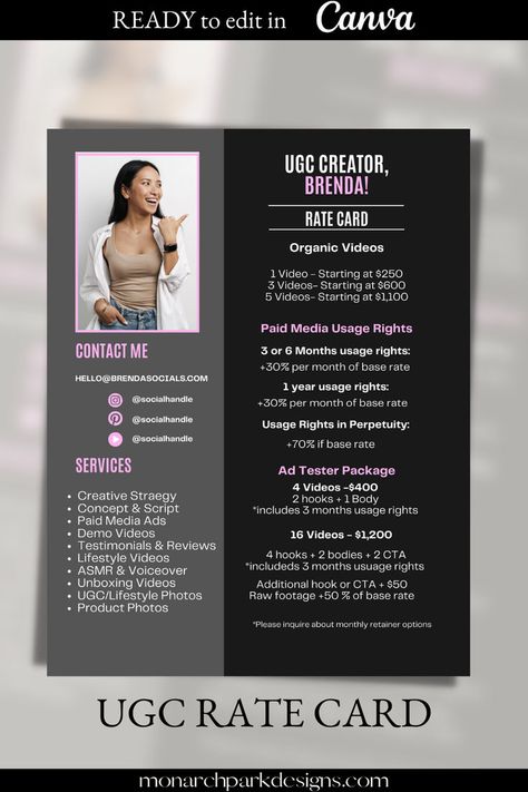 Step into the world of content creation with confidence using our meticulously designed UGC Rate Card and Portfolio Template, a must-have for any influencer or creative professional eager to propose user-generated content with finesse and precision. #UGCPortfolioTemplate #UGCSocialMediaTemplate #UGCLeadMagnetposts #UGCCanvatemplate #ugccontentexamples #ugcportfoliotemplate #ugcportfolioideas #ugccontentexamplevideos #ugcportographyideas #ugccreatorportfolioexample #ugccreatoraesthetic Rate Card Influencer, Rate Card Design, Rate Card, Paid Media, Sheet Template, Portfolio Template, Demo Video, Creative Portfolio, Portfolio Templates