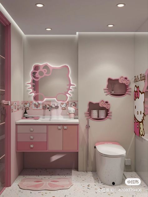 Pink Room Hello Kitty, Sanrio Bathroom Decor, Hello Kitty Bathroom Shelf, Pink Bathroom Hello Kitty, Hello Kitty Cat Interior, Hello Kitty Bathroom, College Dorm Desk, Hello Kitty Bedroom, College Girl Dorm