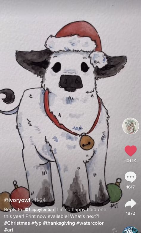 Xmas Drawing, Winter Drawings, Cow Drawing, Animation Art Sketches, Cute Sketches, Cute Animal Drawings Kawaii, Canvas Painting Designs, Cute Doodles Drawings, Cow Art