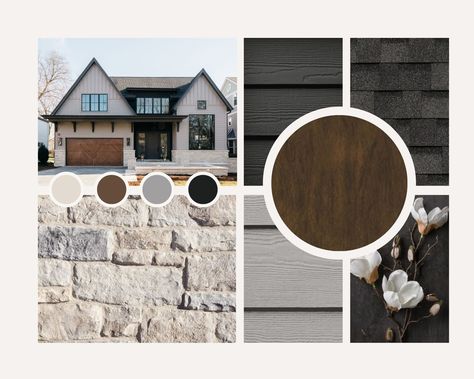 6 Farmhouse Exterior Colour Schemes That Aren’t White — The Curb Appeal Co. Grey Farmhouse Exterior With Wood, Gray Siding Farmhouse, Vinyl Farmhouse Exterior, Gray Owl Exterior, Exterior Farmhouse Paint Colors Lowe's, White House Exterior Colors Schemes, White House Exterior Colors, Farmhouse Exterior Paint Colors, Outside Paint Colors